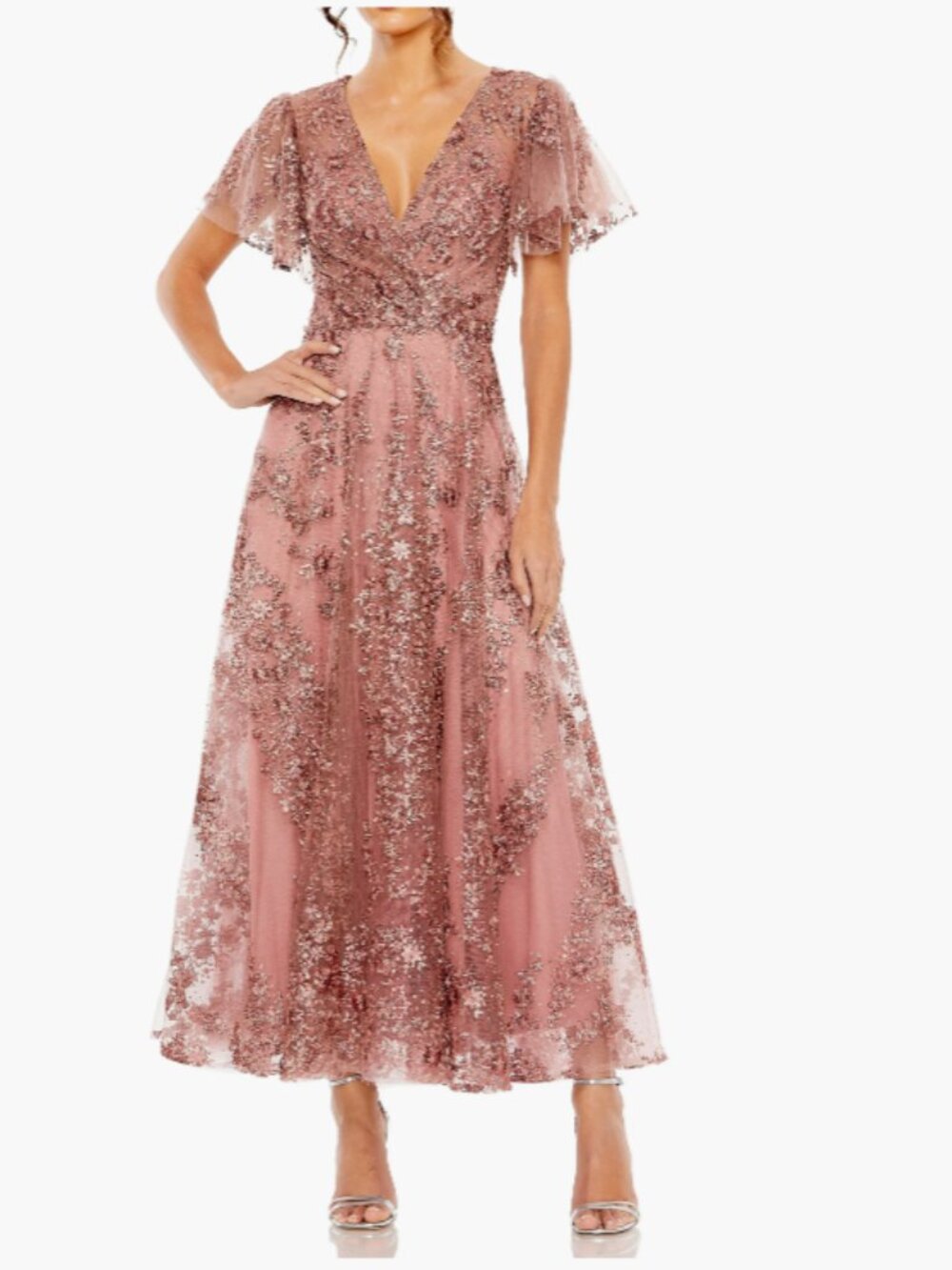 Mac Duggal Rose Gold Embellished Flutter Sleeve Evening Gown